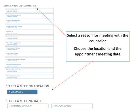 Select Reason for Meeting Window with Instructions 
