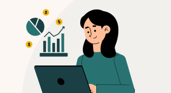 Cartoon woman sitting at laptop with graphs floating above laptop