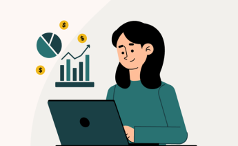 Cartoon woman sitting at laptop with graphs floating above laptop
