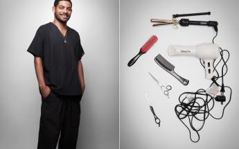 Cosmetology Student with a Picture of his Tools  