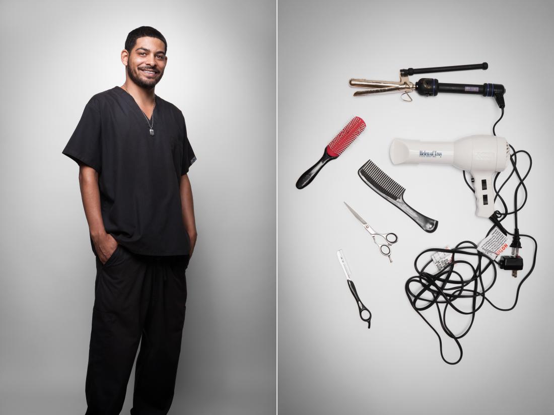 Cosmetology Student with a Picture of his Tools  