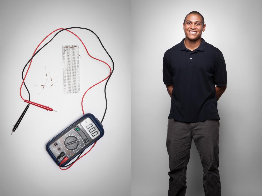 Electronics Worker with Photo of his Tool 