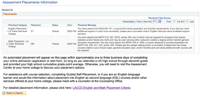 Assessment Placements Information