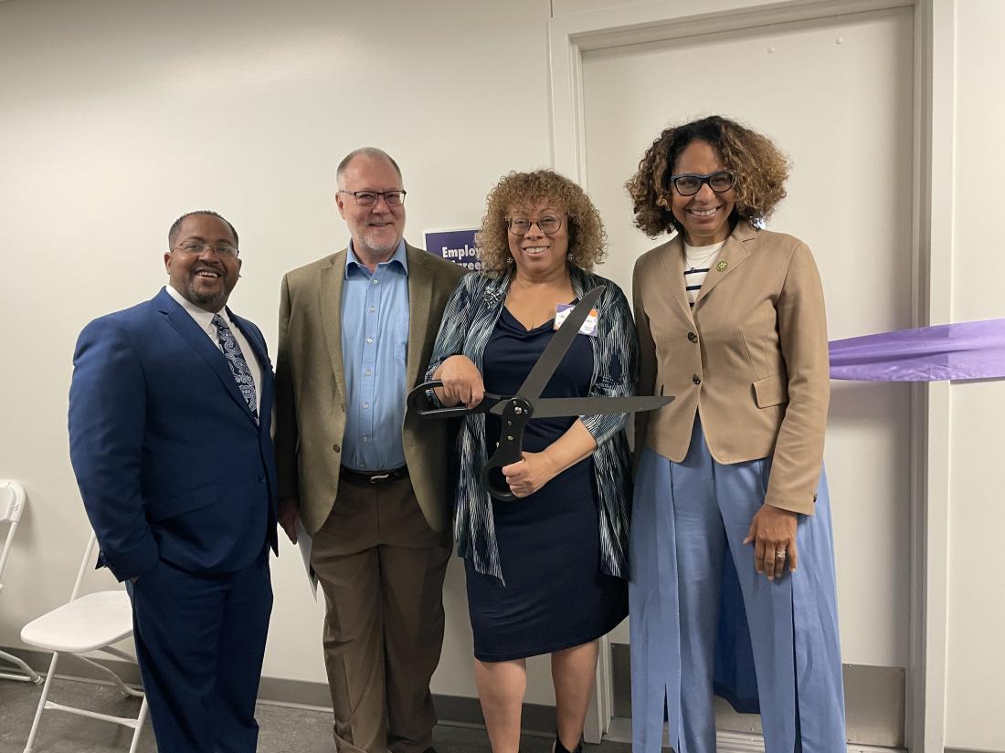 Herb Wesson III from Assemblymember Jones-Sawyer's office; Dr. Michael Reese, LATTC VP of Academic Affairs; Dr. Marcia Wilson, LATTC Dean of Pathway Innovation and Institutional Effectiveness; and Congresswoman Sydney Kamlager-Dove prepare to cut the ribbon at the Center’s grand opening. 
