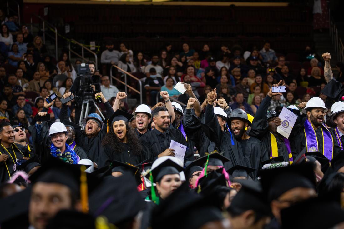 Linesmen cheering at Commencement