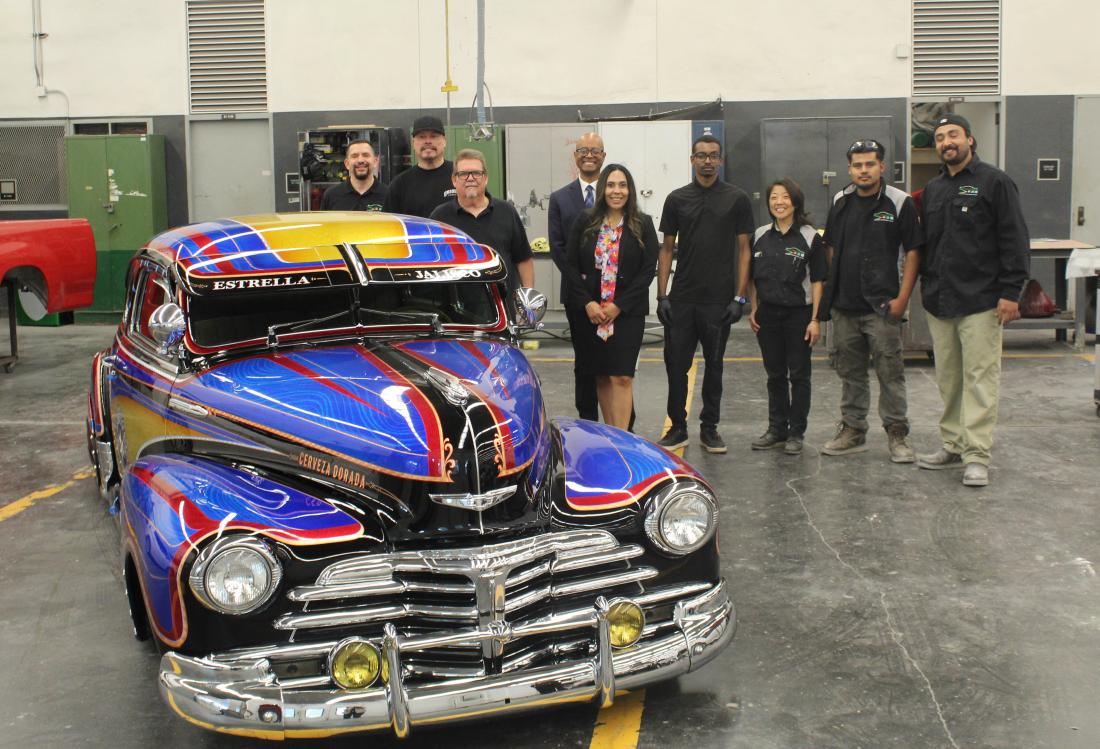 LATTC administrators and students with Chevy Fleetline Lowrider