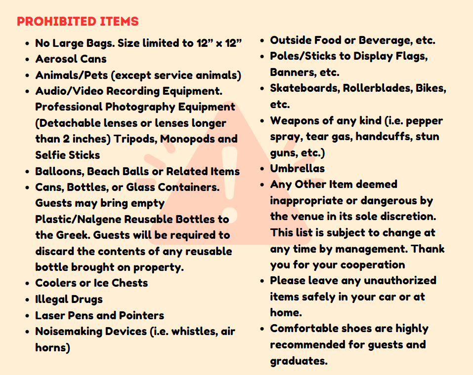 list of prohibited items at the greek theatre