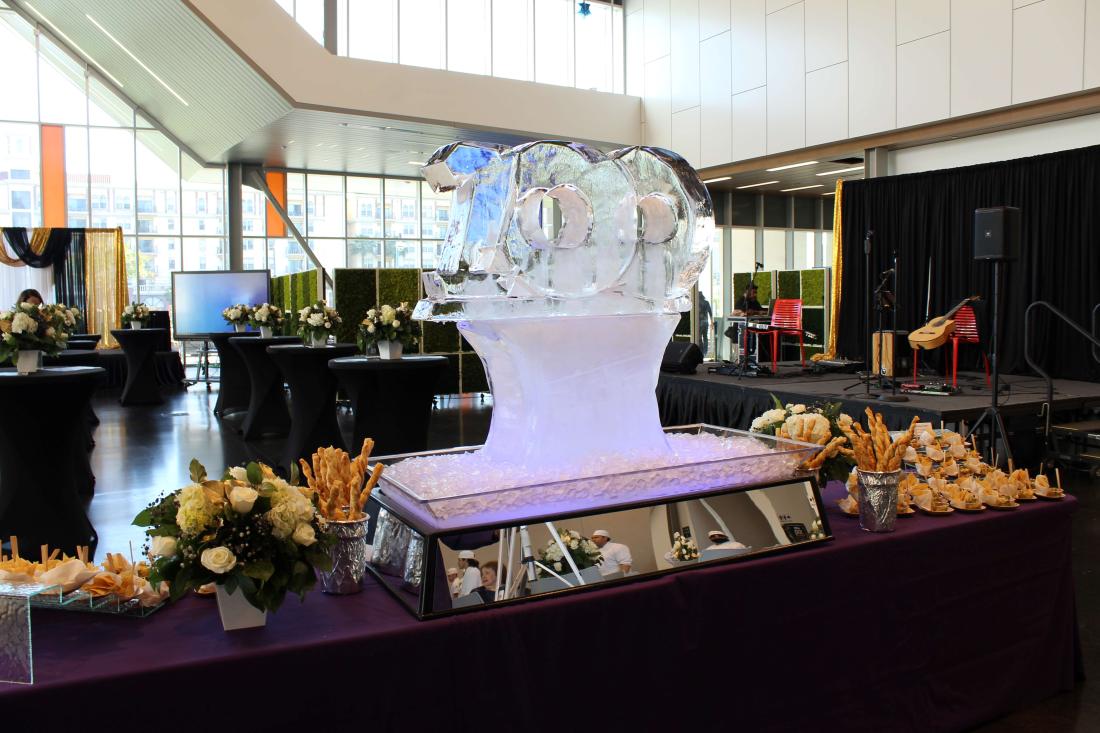 100th Anniversary ice sculpture on table