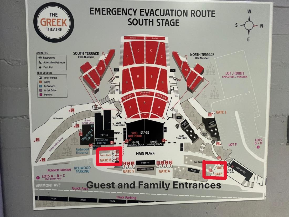 Map of guest entrances at The Greek Theatre