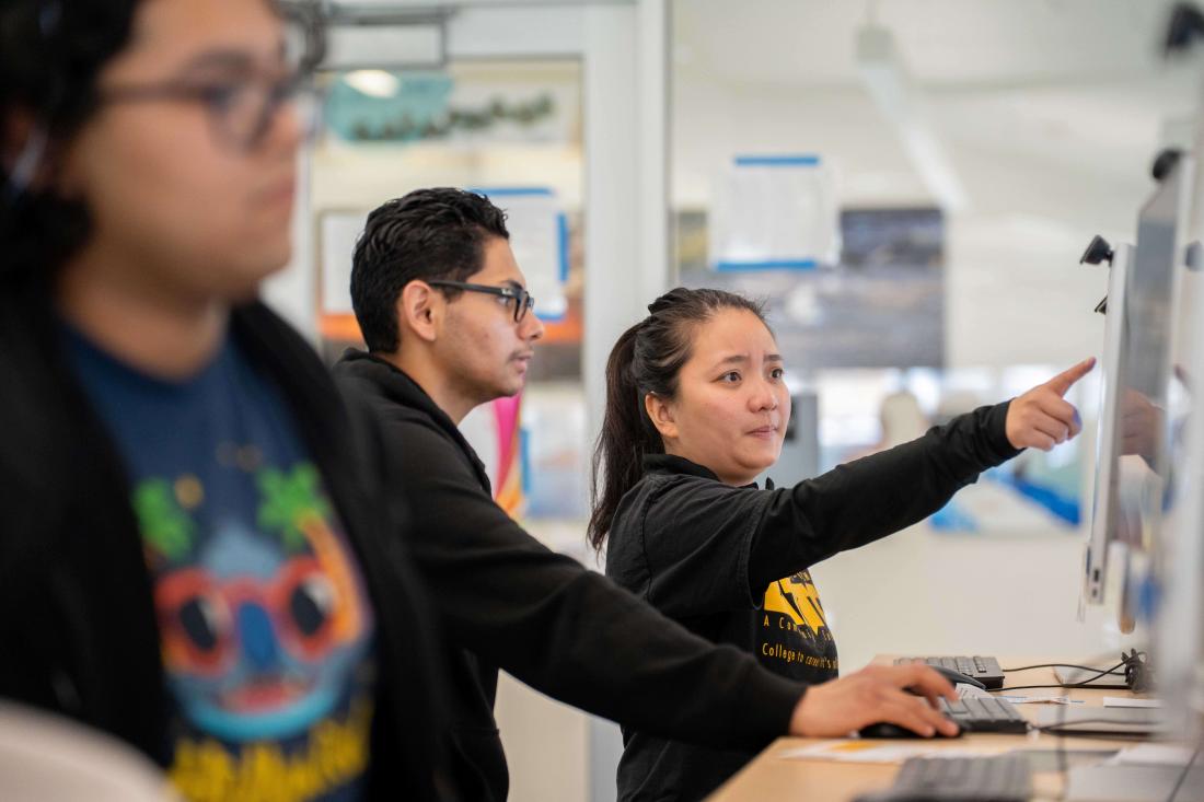 Employee pointing to computer monitor while student looks on