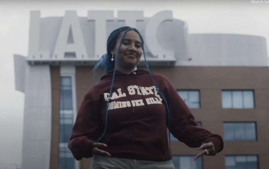 Student in front of LATTC wearing Cal State Dominguez Hills sweatshirt