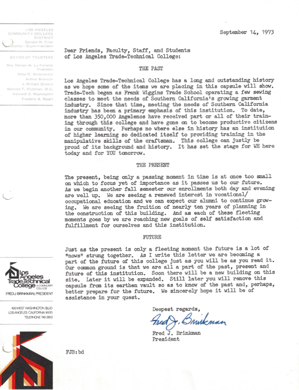 Letter scan from 1967 LATTC President Fred Brinkman