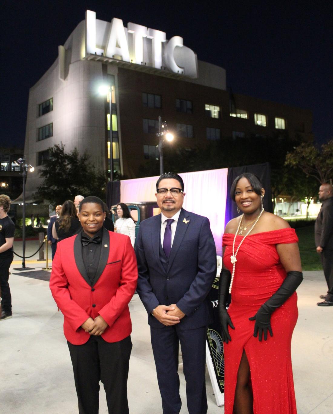 LACCD Student Trustee Jasmine Francis, LACCD Chancellor Alberto Román and LATTC ASO President Destiny McLemore