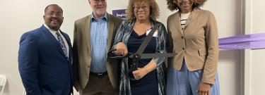 Herb Wesson III from Assemblymember Jones-Sawyer's office; Dr. Michael Reese, LATTC VP of Academic Affairs; Dr. Marcia Wilson, LATTC Dean of Pathway Innovation and Institutional Effectiveness; and Congresswoman Sydney Kamlager-Dove prepare to cut the ribbon at the Center’s grand opening. 