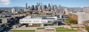 Aerial shot of LATTC campus looking into downtown